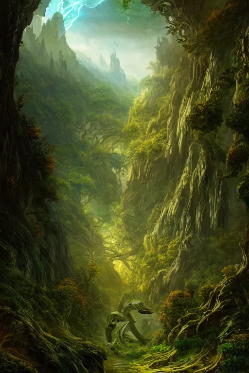 Image similar to a beautiful digital illustration painting of a detailed gothic fantasy valley and forest dragon technology scifi robot encroaching up nature fey unseelie, by benoit b. mandelbrot, steven belledin, martin johnson heade, lee madgwick, caspar david friedrich, and david rios ferreira. 8 k resolution trending on artstation concept art digital illustration