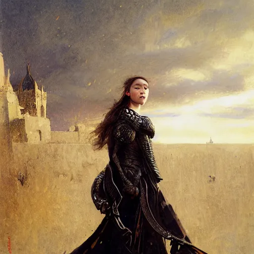 Image similar to young florence pugh, wearing dark black ornamented medieval armour, detailed, by gaston bussiere, bayard wu, greg rutkowski, giger, maxim verehin, greg rutkowski, masterpiece, sharp focus,