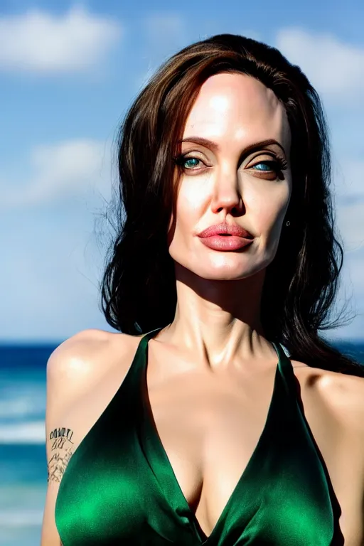 Prompt: close up headshot of angelina jolie as Nico Robin from One Piece standing on a beach, cosplay, photograph by Alexandra Nataf