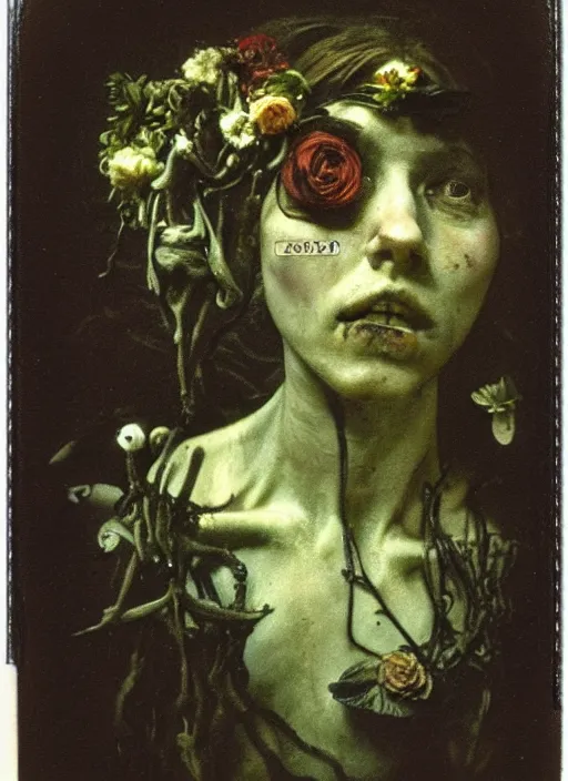 Image similar to beautiful and detailed rotten woman made of plants and many different types of flowers, muscles, intricate, organs, ornate, surreal, john constable, guy denning, gustave courbet, caravaggio, romero ressendi 1 9 1 0 polaroid photo