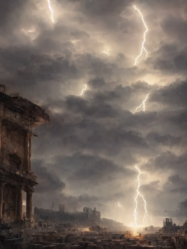 Image similar to epic scenery ancient city of troy under a sky full of lightning, intricate, elegant, volumetric lighting, digital painting, highly detailed, artstation, sharp focus, illustration, concept art, ruan jia, steve mccurry