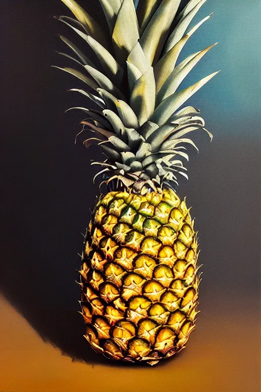 Image similar to A beautiful still life oil painting of a pineapple lying on a silk cloth, fog, volumetric lighting, summer, hyperrealistic, colorful, hyperdetailed.