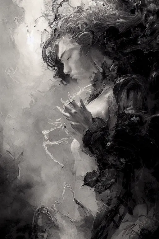 Image similar to portrait of a demon void woman sensual surrounded by smoke fumes, pen and ink, intricate line drawings, by craig mullins, ruan jia, kentaro miura, greg rutkowski