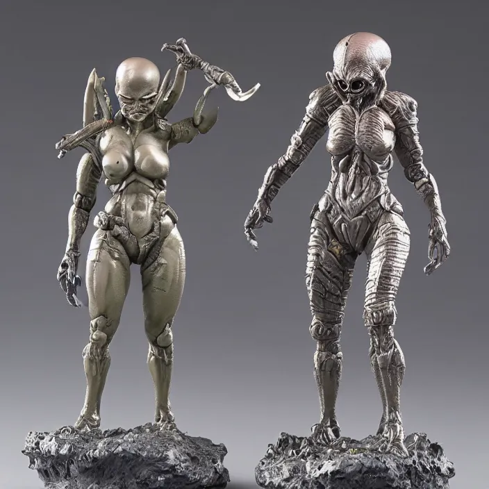 Prompt: 80mm resin detailed miniature of a Alien and a Female warrior, Product Introduction Photos, 4K, Front view, Full body