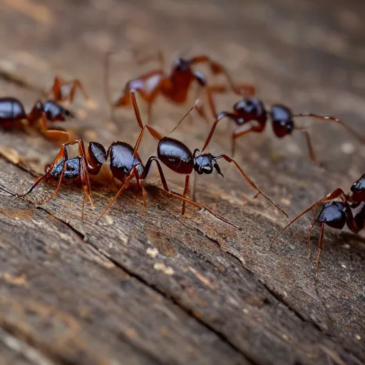 Prompt: a colony of ants crawling all over a rotten and moldy apple on a wooden table, dslr photo, close up