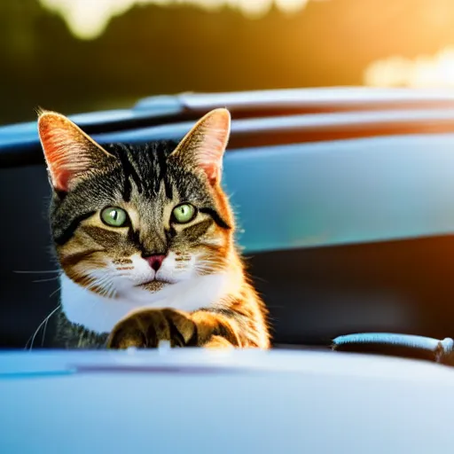 Image similar to cat cruising in a cabriolet, golden hour, front top side view, golden ratio, idyllic setting