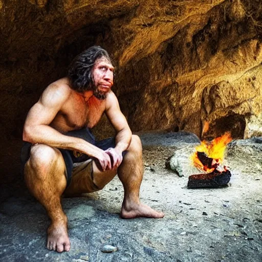 Prompt: “colur photo an homo Neanderthal watching his iPhone in front of a cave close to a fire coocking a bull, photoreal photojournalism, National Geographic style”