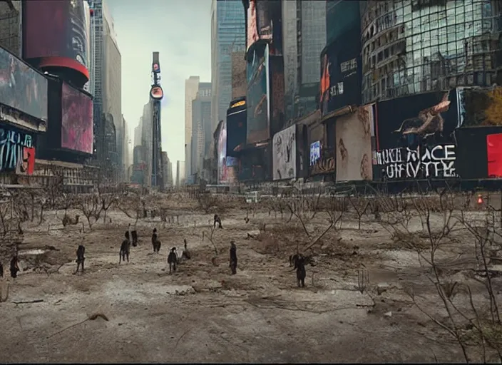 Image similar to film still of post apocalyptic empty time square, overgrown with wildlife walking through in the new sci - fi movie, 8 k