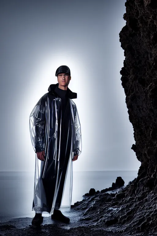 Image similar to an ultra high definition professional high fashion portrait studio full length photograph of a male model wearing a transparent pearlescent raincoat and neon visor in an icelandic black rock environment at dawn. no artefacts. extremely detailed. stark. refraction. shallow depth of field. volumetric light and shadow. ray tracing. light rays.