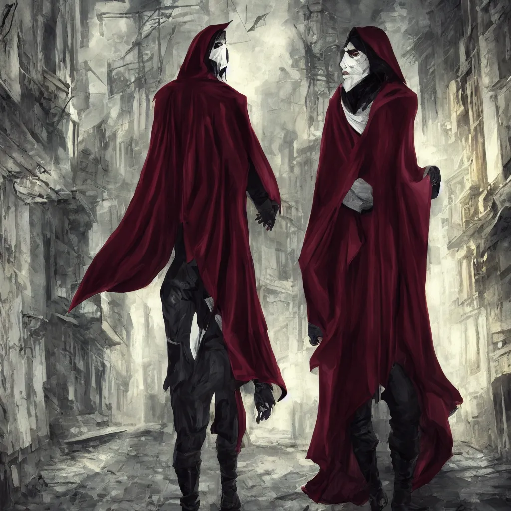 Image similar to a vampire thief wearing a cloak and covered in bandages walking through an alley.