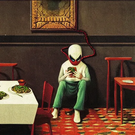 Image similar to Mysterio, Spider-Man, eating dinner, artwork by Franz Sedlacek,