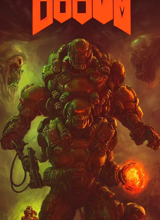 Image similar to ( doom ) cover featuring doom guy!! doom marine!! surrounded by demons, by kenneth scott, artstation, vivid gaze