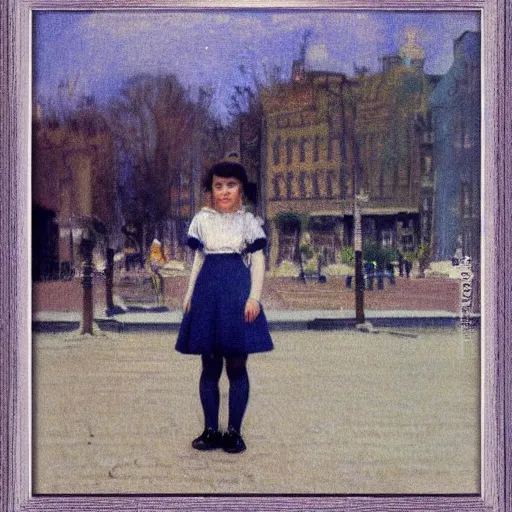 Image similar to Kinetic sculpture. A young girl stands in the center of the frame, looking off to the side. She wears a school uniform with a short skirt and a striped shirt. The background is a vivid, with wavy lines running through it. pale indigo by Frits Thaulow cosy