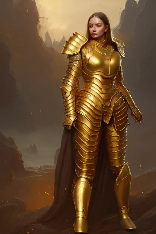 Image similar to professional digital art of a hyper realistic and highly detailed woman beautiful golden armor. accurate rending of one woman in armor. greg rutkowski, zabrocki, karlkka, jayison devadas, intricate, trending on artstation, 8 k, unreal engine 5, pincushion lens effect