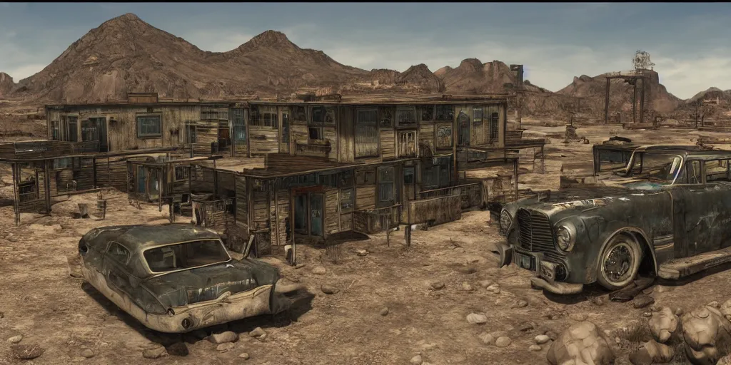 Prompt: brotherhood of steel saloon from fallout : new vegas game, matte painting,