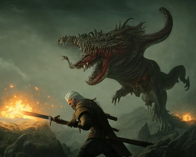 Prompt: 5 5 mm portrait photo of geralt fighting a 5 headed hydra with igni aign. magical atmosphere. art by greg rutkowski. highly detailed 8 k. intricate. lifelike. soft light. nikon d 8 5 0.