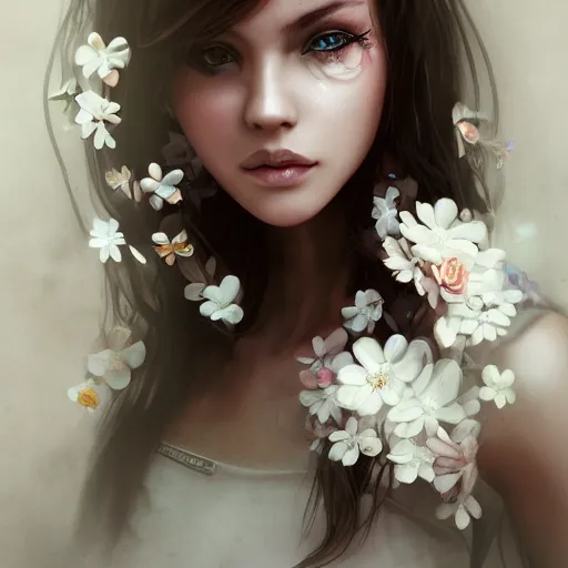 Image similar to dslr photo of a beautiful female with detailed face, wearing flowers, artgerm, artstation, extremely high quality, moody lighting, photography by deviantart, 8 k