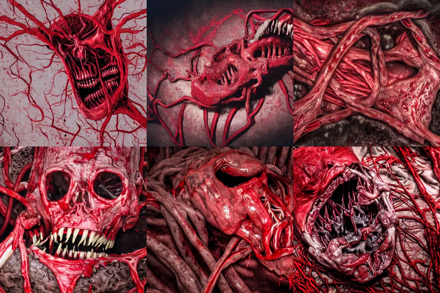 Prompt: a dark red gory structure of intertwined decaying muscles, eyes, sharp teeth, and intestines lying in a pool of clotting blood and pus, slowly engulfing its surroundings with twitching veins and bloody intestines, dark hazy room, a high-quality photo, hyperrealistic, in color