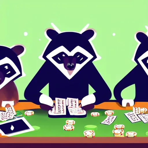 Image similar to illustration of gangster raccoons in smokings, playing poker, dollars, and pistolet on the table