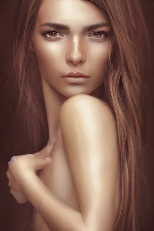 Prompt: Portrait of a Beautiful supermodel with a beautiful bone structure, long hair, olive skin, brown eyes, elegant, digital painting, highly detailed, artstation, concept art, smooth, sharp focus, illustration, art by artgerm and greg rutkowski.