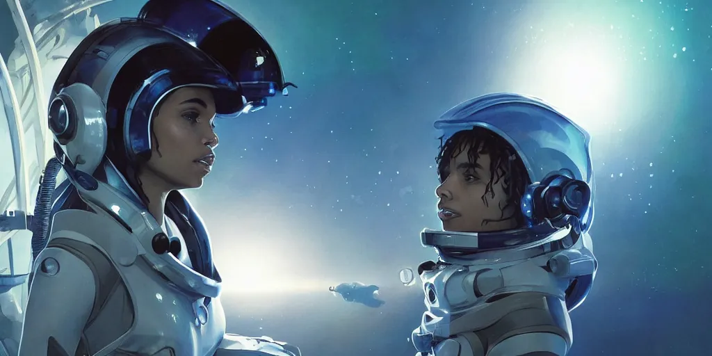 Image similar to Zoe Kravitz with short hair as a techpunk astronaut, helmet with led lights, underwater in the ocean at night, clear water, volumetric lighting, glowing lights, 4k, octane, digital painting, artstation, concept art, cinematic film, sharp focus, illustration, art by artgerm and greg rutkowski and alphonse mucha , wide angle view,