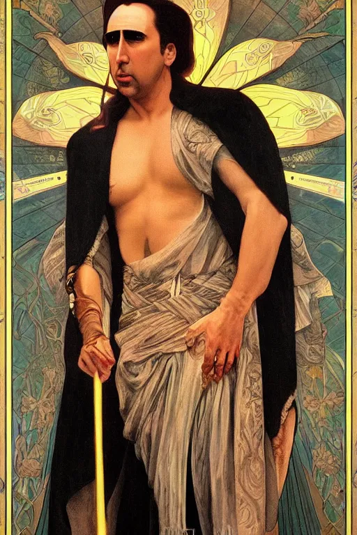 Prompt: a dramatic ethereal epic painting of nicolas cage | tarot card, art deco, art nouveau, realistic | dramatic lighting | by Dresden Codak, by Mark Maggiori and Alphonse Mucha | trending on artstation