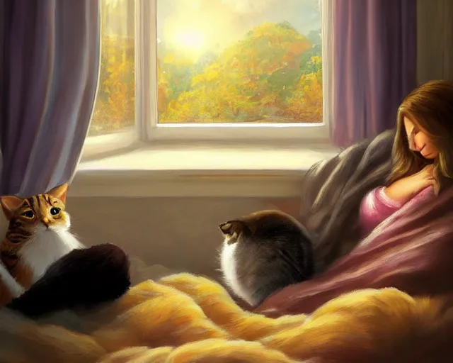 Image similar to a beautiful warm fuzzy painting of a woman curled up with a blanket, petting a cat who is purring with eyes closed. they are both sitting next to a window watching the sun set in winter, by anne stokes, trending on artstation, concept art, lofi, digital illustration