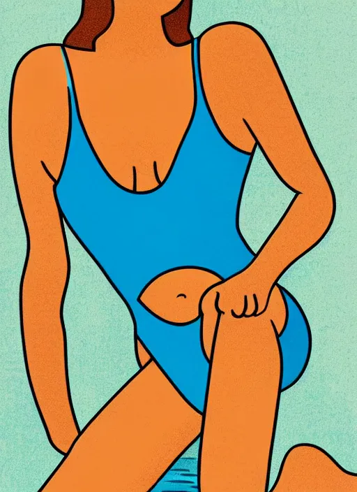 Image similar to portrait of a girl, in retro swimsuit, lying by the pool, minimalist illustration, flat colors, contrasting shadows art by parrish, maxfield, frame from a movie