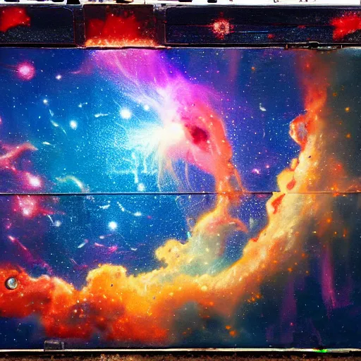 Image similar to detailed painting of a nebula explosion on an old computer on the sidewalk, celestial ephemeral ornaments and greek architecture, artstation, caravaggio, cinematic