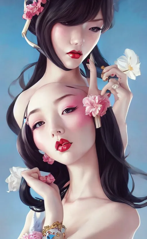 Image similar to a pin up and beautiful fashion and charming and dreamlke japan girl with lv jewelry, character art, art by artgerm lau and kyoung hwan kim and and ilya kuvshinov and john singer sargent, hyperdetailed, 8 k realistic, symmetrical, frostbite 3 engine, cryengine, dof, trending on artstation, digital art