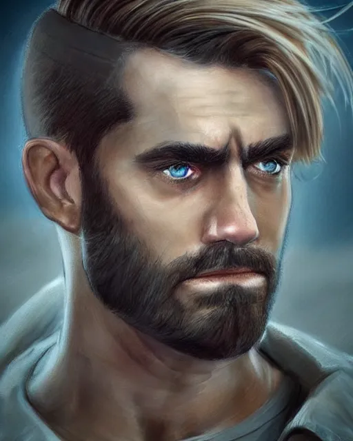 Image similar to portrait of muscular, tired and alcoholic 3 0 - year - old grieving man with short darkblonde hair, serious sad look in his eyes, looking down, dirty beard, blue eyes, crying tears, wearing dirty soldier uniform, on the desert, sad atmosphere, hyper realistic face, character art, art by artgerm, cryengine, trending on artstation, digital art