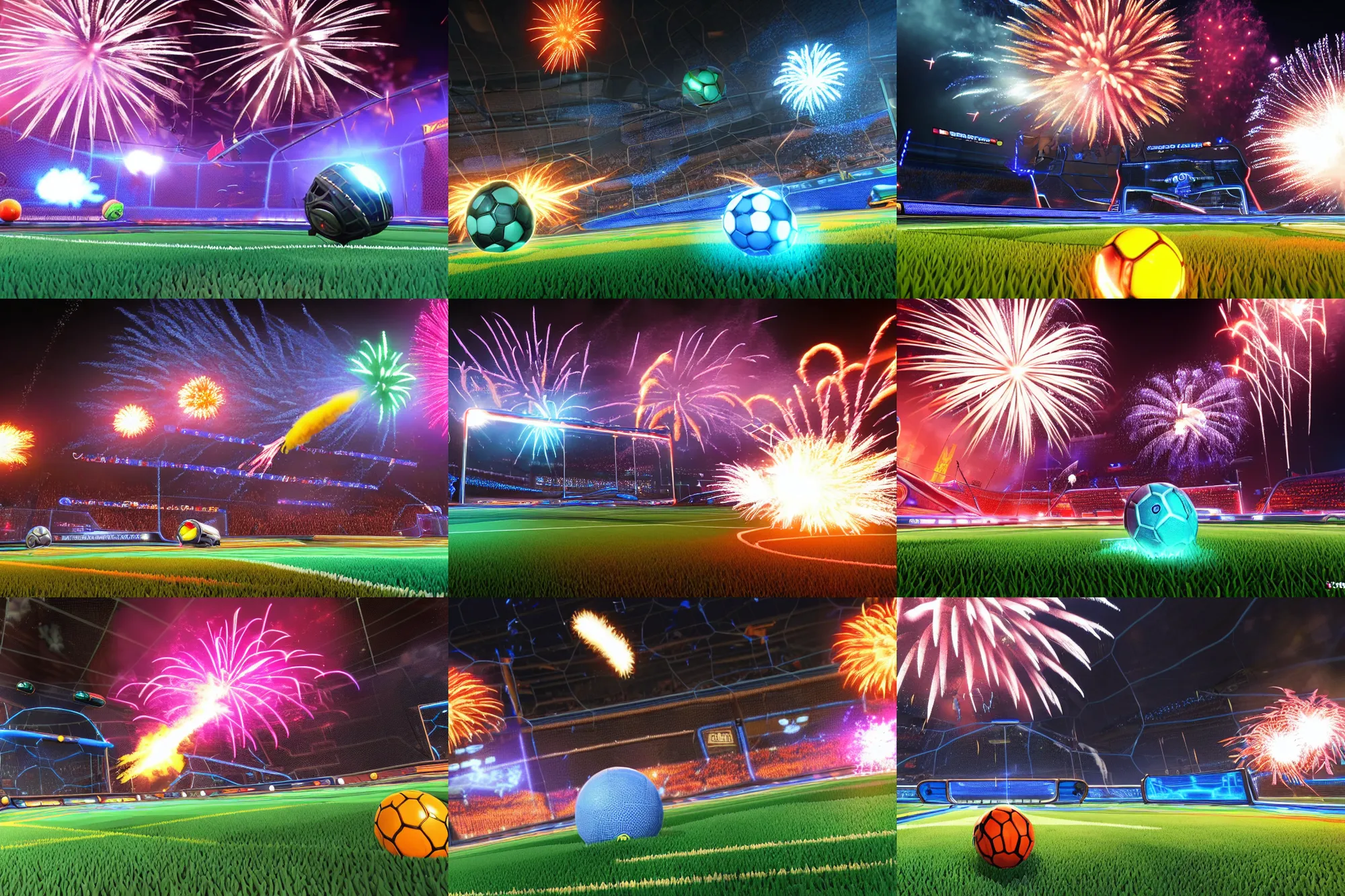 Image similar to rocket league explosion, ball bounce, epic angle, fireworks, 2 0 0 mm