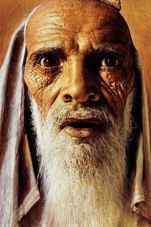 Image similar to a closer personal portrait of a a very old egyptian temple priest with very piercing eyes, very charismatic. in the old ancient temple of luxor. masterpiece, dark. painted by norman rockwell and james gurney