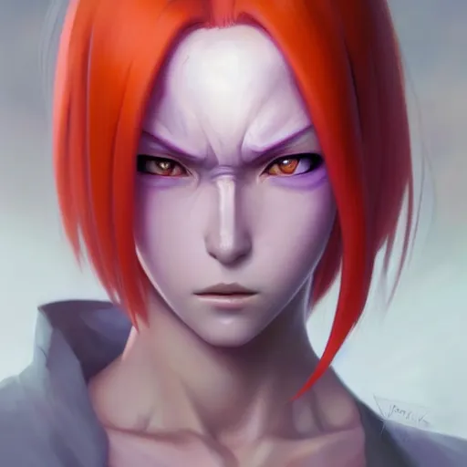 Image similar to portrait of pain from naruto shippuden, orange hair, violet eyes, highly detailed, digital painting, artstation, concept art, smooth, sharp focus, illustration, art by artgerm and greg rutkowski and alphonse mucha, beautiful composition