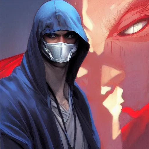 Image similar to ultra realistic illustration, man with black hair with a black mask, in blue hood, red and blue eyes, highly detailed, digital painting, artstation, concept art, smooth, sharp focus, illustration, art by artgerm and greg rutkowski and alphonse mucha