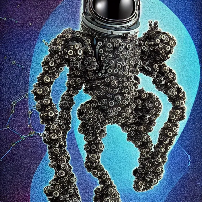 Image similar to a cybernetic symbiosis of a single astronaut mech-organic eva suit made of pearlescent wearing anodized thread knitted shiny ceramic multi colored yarn thread infected with kevlar,ferrofluid drips,carbon fiber,ceramic cracks,gaseous blob materials and diamond 3d fractal lace iridescent bubble 3d skin dotted covered with orb stalks of insectoid compound eye camera lenses orbs floats through the living room, film still from the movie directed by Denis Villeneuve with art direction by Salvador Dalí, wide lens,