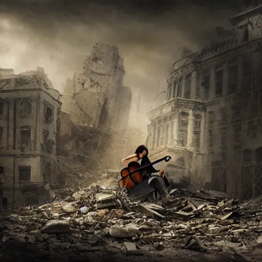 Image similar to a moody matte painting of a cellist playing in the rubble of a fallen building, beautifully lit, dark art, slightly surreal - h768