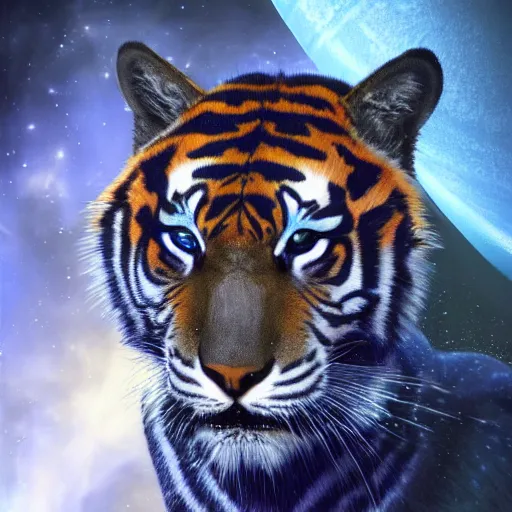 Image similar to Blue tiger in space next to Saturn, high resolution, trending on art station, realistic, detailed