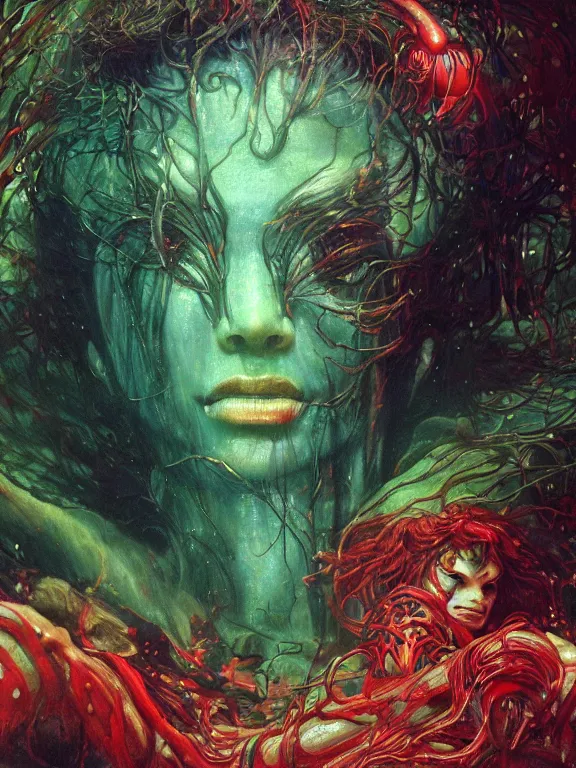 Image similar to ( underwater ) middle length portrait of a living goo glowing cyborg leshy girl, cinematic light, looking to the side off camera, backlight glow, green bright red, mist, by mikhail vrubel, by philippe druillet, by peter elson, by gerald brom, muted colors, extreme detail, trending on artstation, 8 k