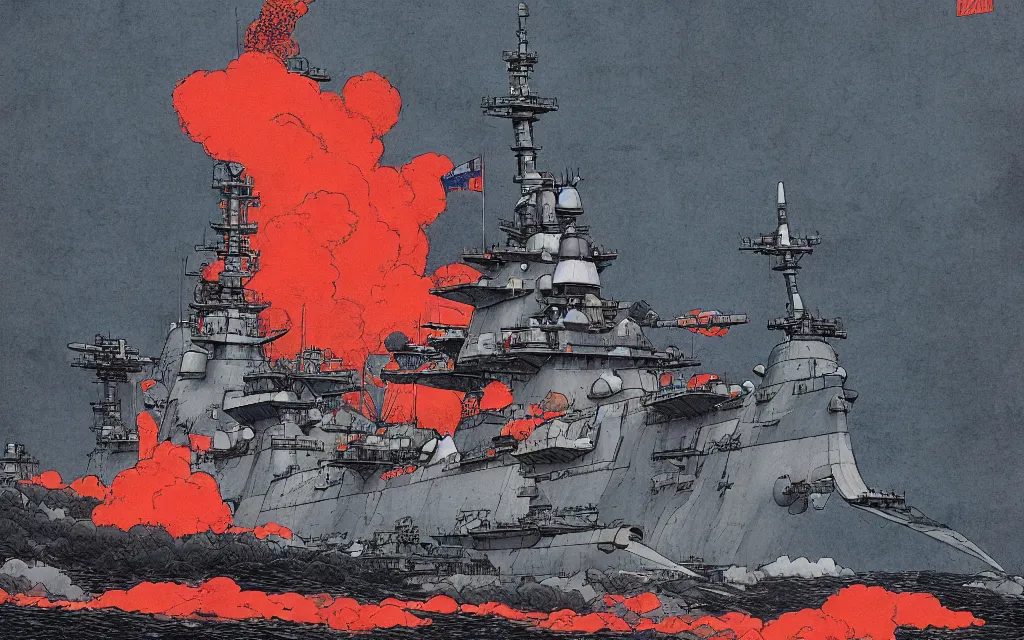 Image similar to japanese battleship yamato in front of huge mushroom cloud, in the style of james jean and laurie greasley, dynamic composition, dramatic lighting, ultra detailed