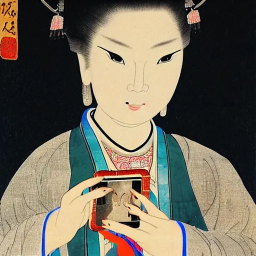 Prompt: the Chinese ancient painting of a lady take selfie picture with iPhone in Tang Dynasty , by Han Xizai