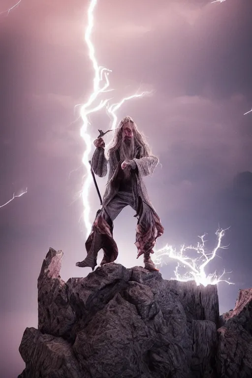 Prompt: wizard holding a sword that’s getting shocked by lightning towards the sky, octane, trending on artstation, cinema 4d, highly detailed