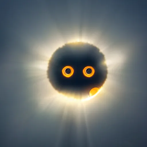 Image similar to the sun has a face with many eyes and teeth. seen through the fog