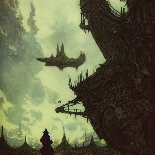 Image similar to Fantasy village, the inhabitant looking up at the sky. The sky is completely covered to the horizon by an incredibly huge airship-like ship. Extremely high detail, realistic, dark fantasy art, masterpiece, 8k, octane rendering, Arthur Rackham painting, art by Victoria Frances, Frank Frazetta.