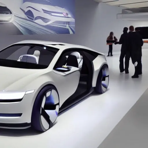 Prompt: a volkswagen concept sports car with futuristic design in a showroom