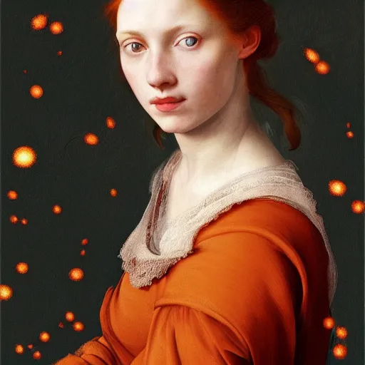 Image similar to portrait of a red haired woman, long hair, green eyes, hint of freckles, beautiful round face, soft amazed smiles, among golden fireflies, highly detailed, deep focus, elegant, digital painting, smooth, sharp focus, golden ratio, dramatic illumination, ultra realistic, 8 k, art by artemisia lomi gentileschi and caravaggio