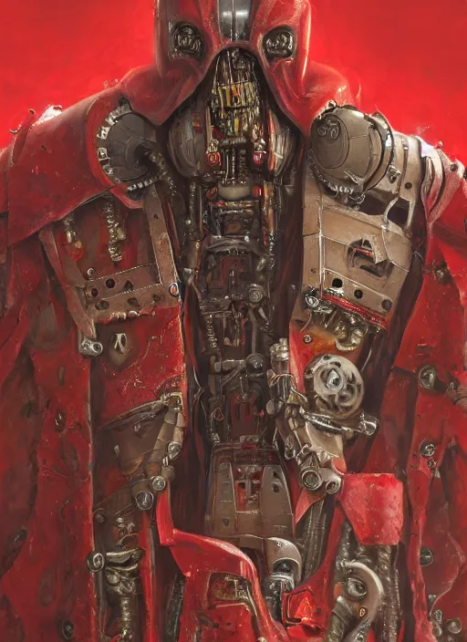 Image similar to portrait of rotten Nicolas Cage as adeptus mechanicus in red hood and robe from Warhammer 40000, mechanical tentacles. Highly detailed, artstation, illustration by and John Blanche and zdislav beksinski and wayne barlowe