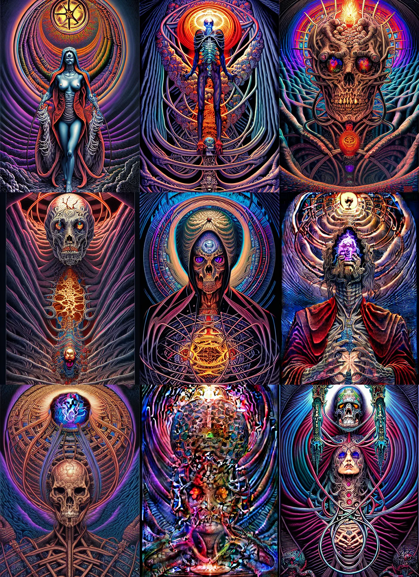 Prompt: fineart illustration of the necromancer, illustrated by dan mumford, alex grey and gustave dore, hyper detailed, fantasy surrealism, crisp