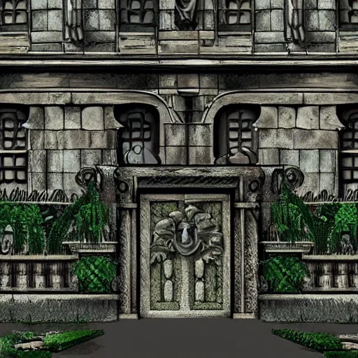 Image similar to entrance of a mansion, gargoyles, plants, background of resident evil game