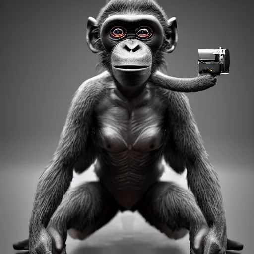 Image similar to Photography of ultra mega super hyper realistic detailed monkey by Hiromasa Ogura wearing cyberpunk style suit . Photo made from 30 meters distance on Leica Q2 Camera, Rendered in VRAY and DaVinci Resolve and MAXWELL and LUMION 3D, Volumetric natural light. Wearing cyberpunk suit with many details by Hiromasa Ogura .Rendered in VRAY and DaVinci Resolve and MAXWELL and LUMION 3D, Volumetric natural light